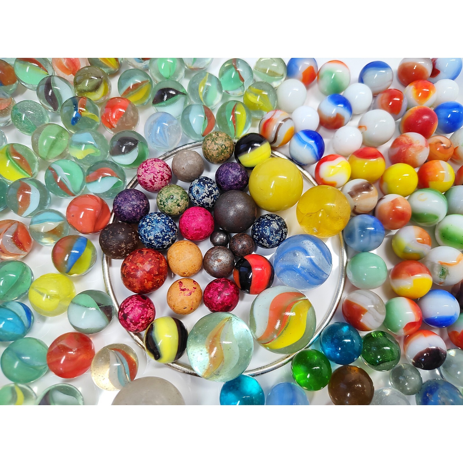 Vintage LOT 215+ Estate Marbles CLAY GLASS METAL Swirl Cats Eye Shooters