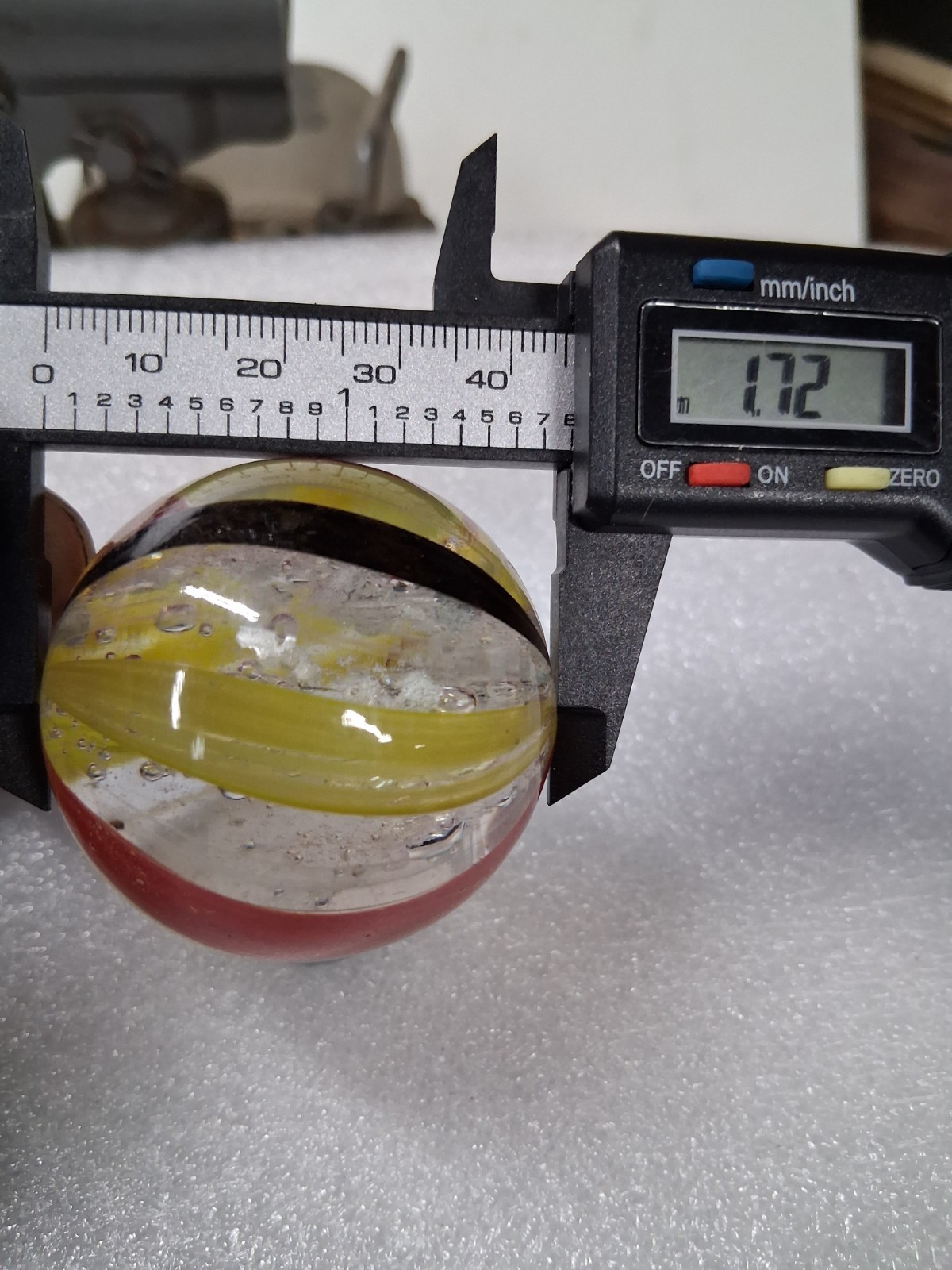 Marble Swirl Red Yellow Black W/Bubbles 1.72 Dia 4oz Very Nice