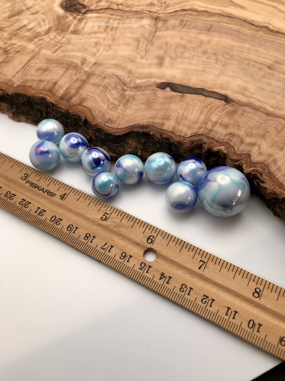 Set Of 10 Mega Marbles Blue White Pearlescent Swirl