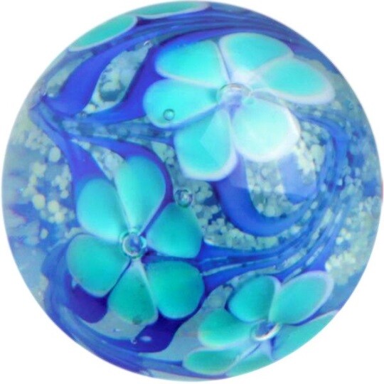 Aster 22mm Handmade Art Glass Glow in the Dark Marble w Stand, Light & Dark Blue