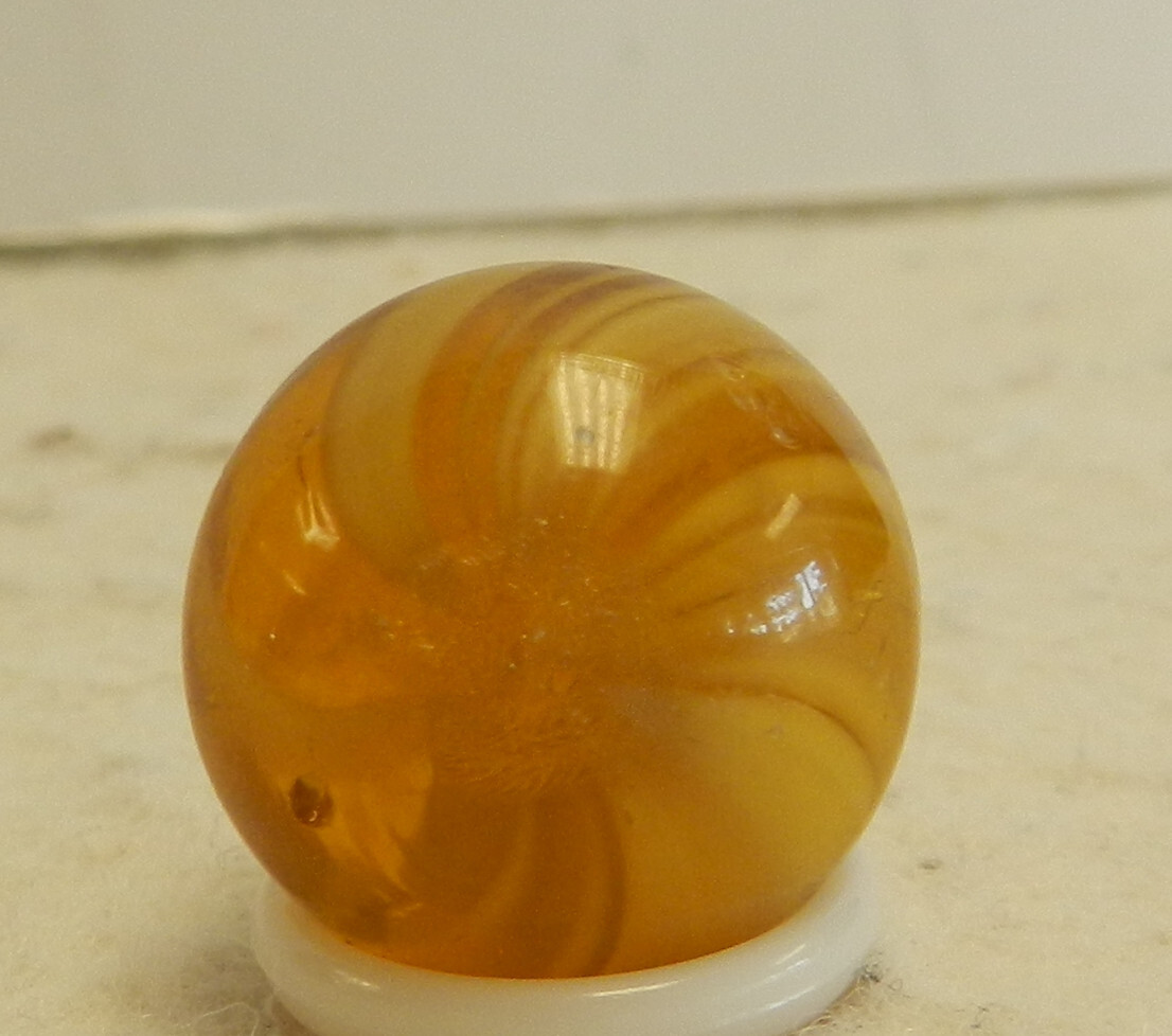 #16449m Nice Vintage German Handmade Yellow Amber Colored Glass Marble .67 In
