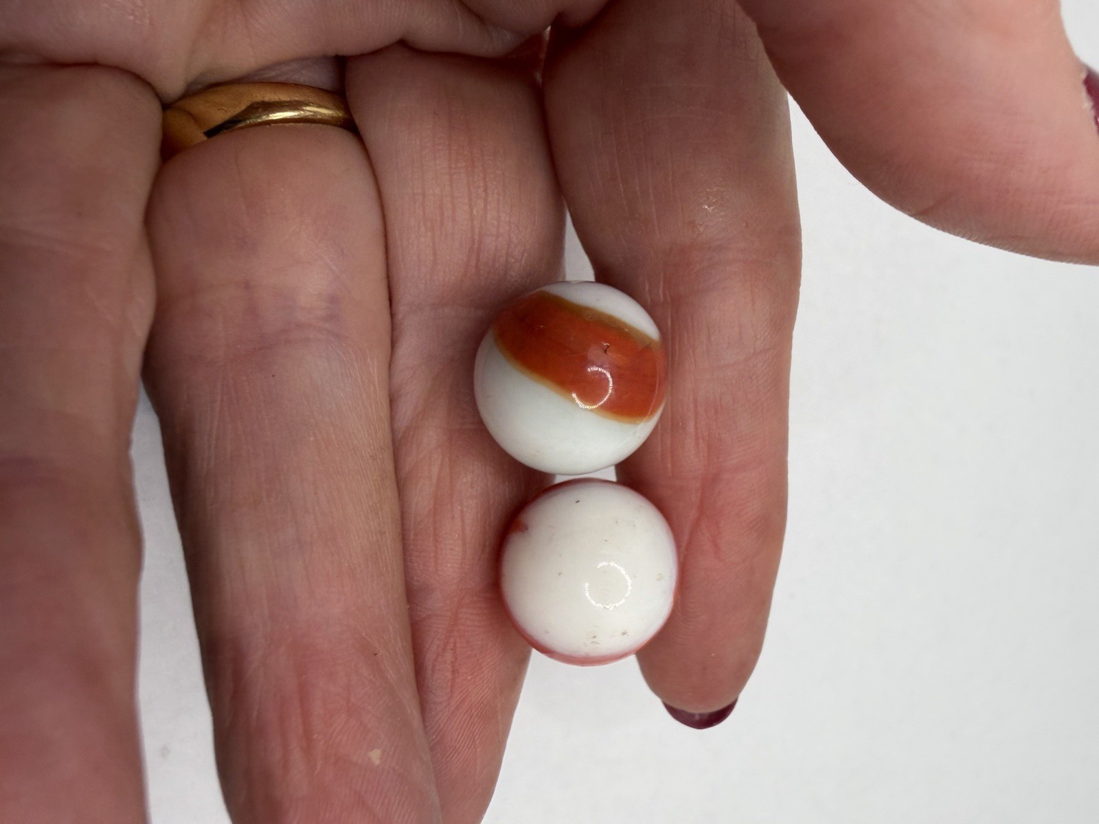 Pair Of Vintage Akro Agate Peltier Christensen Glass Swirl Marble Orange White
