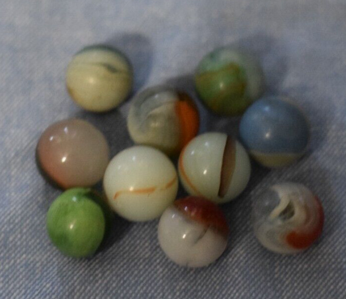 Vintage Lot of 10 White Glass Multi-Color Swirl Marbles 16 mm – .6 in C149