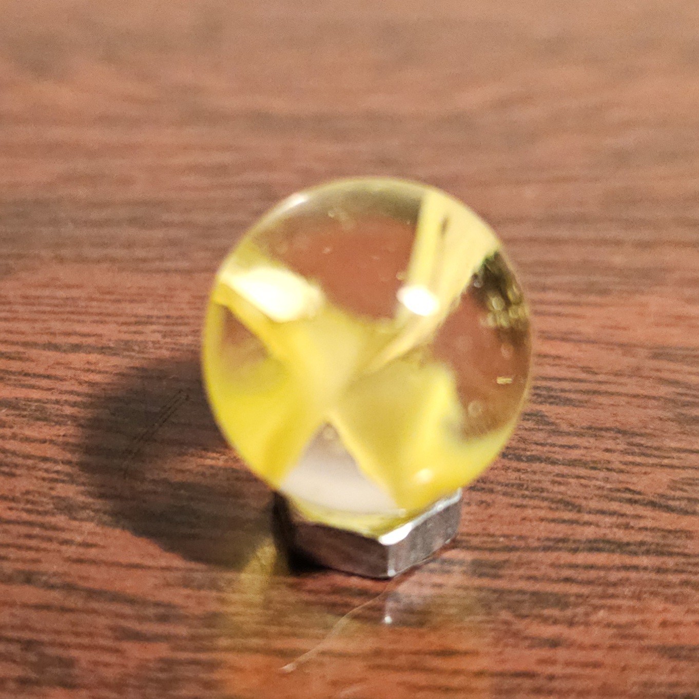 C E Bogard Yellow Cadmium Glow 4 Lobe Cats Eye Clear Glass .593 Marble