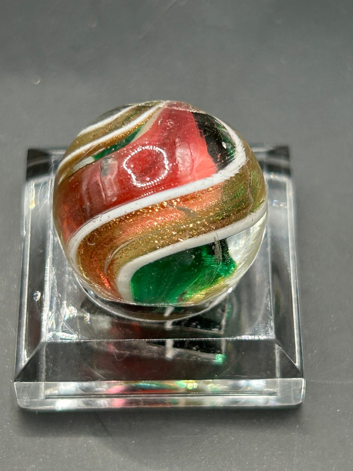 Antique German Cranberry Green Ribbon Core Lutz Marble 11/16″ Mint- E2.2