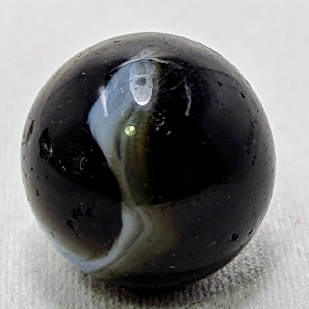 Vintage Glass Swirl Marble 5/8″ Near Mint Black Base Blue Tan WV Ribbon,…
