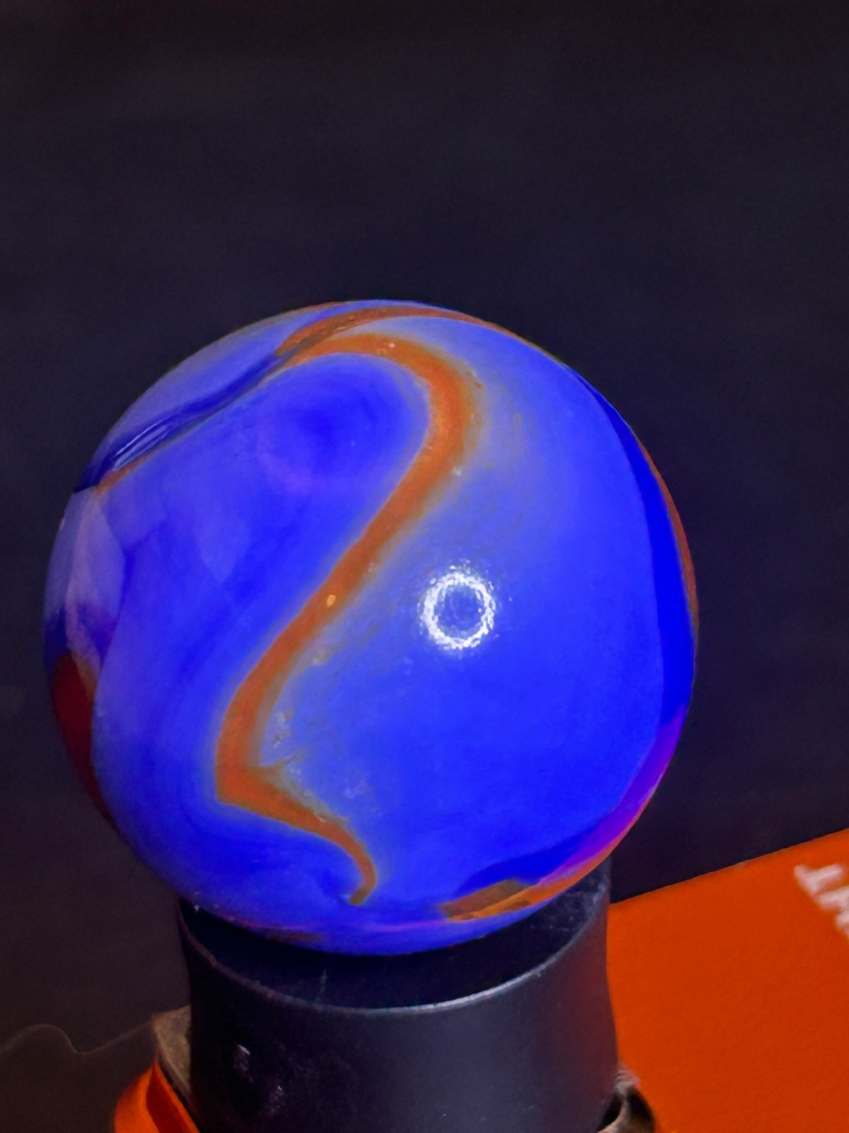Christensen Agate Co Flame Swirl Marble Cobalt Blue & Orange UV+ .99″ Mint SH31