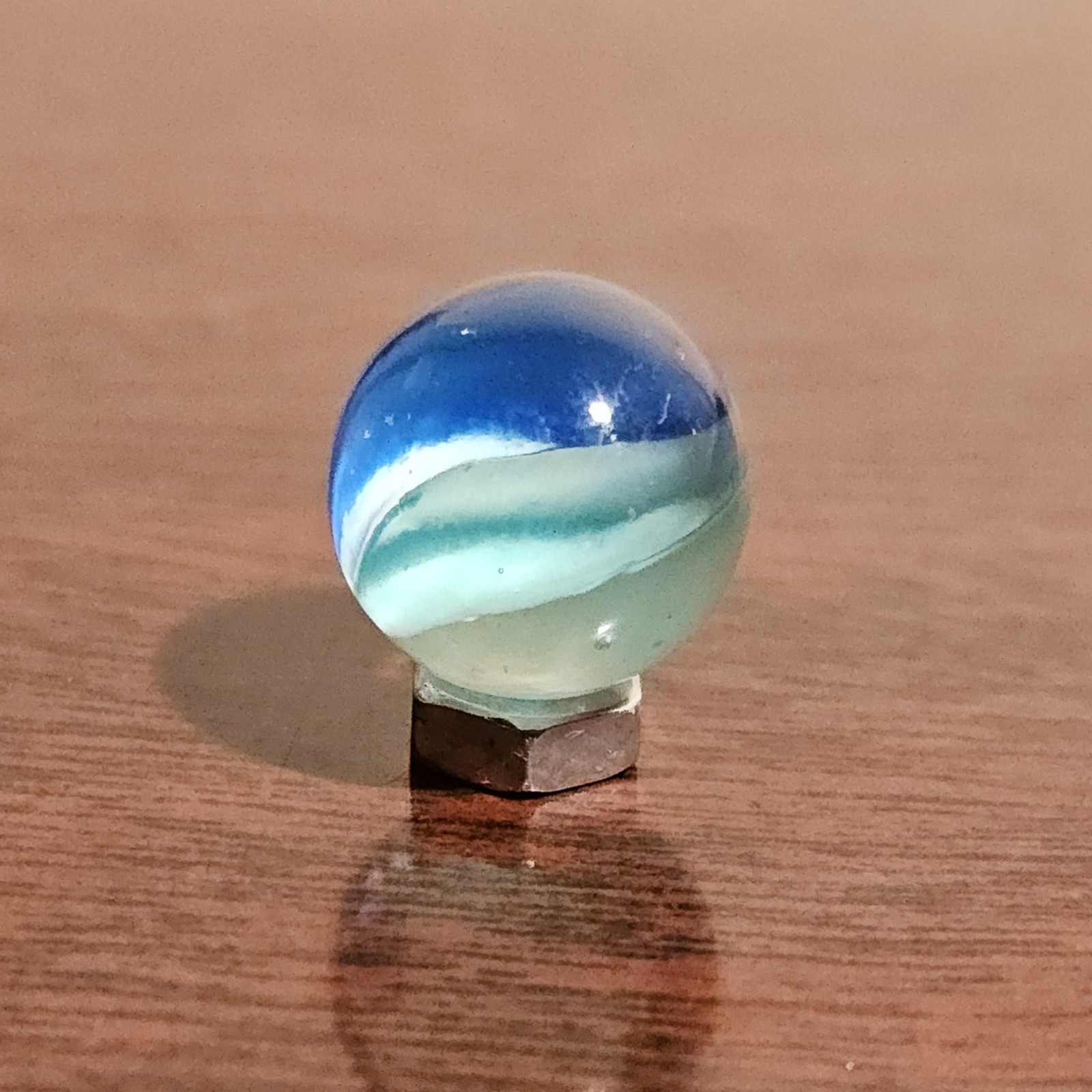 Vintage Dark Blue Light Blue Thru-White 6-Vein Cats Eye .592″ Glass Marble