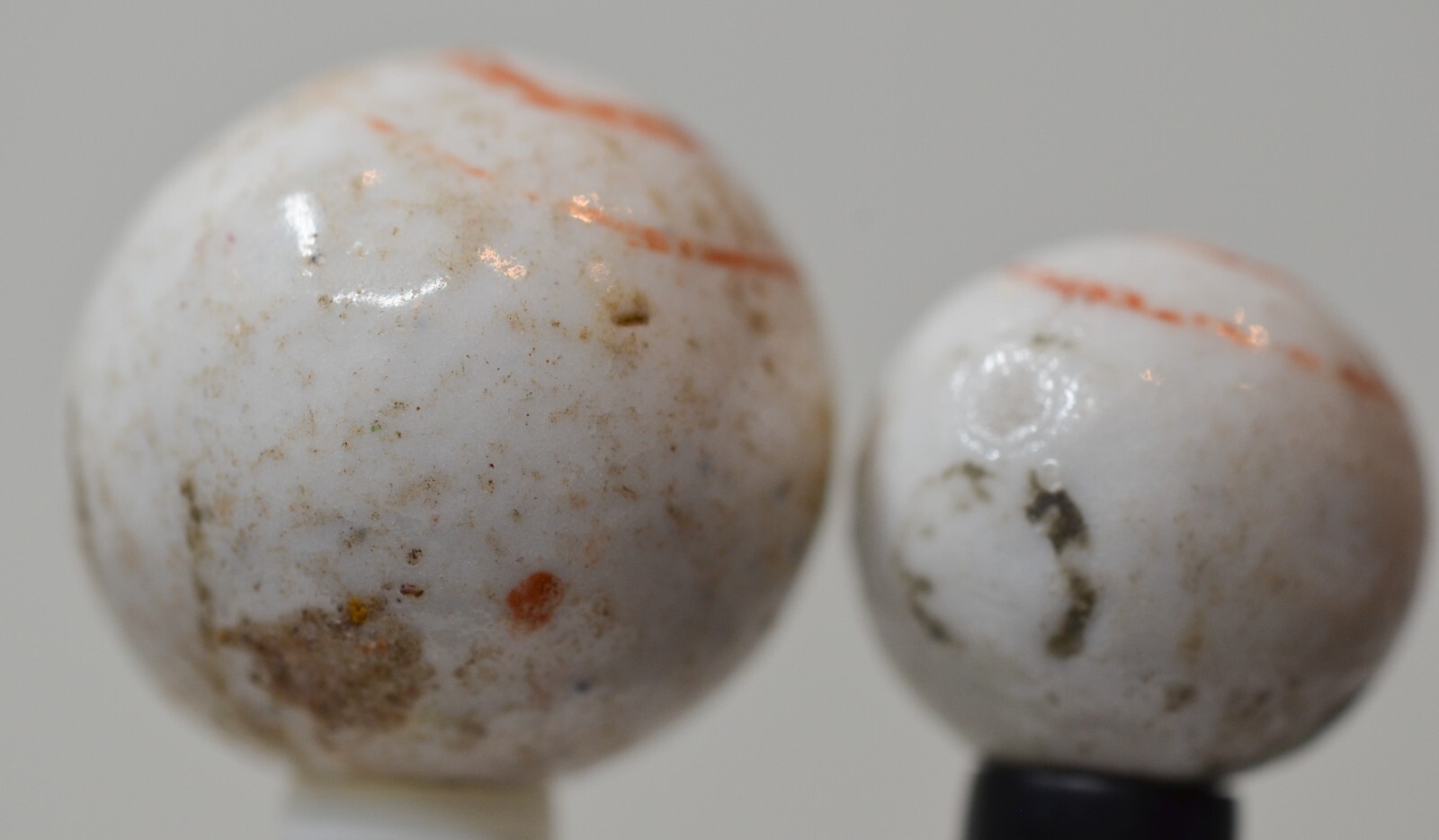 Pair of Handmade Bull’s Eye Glazed China Marbles, 0.84 & 0.62 in, Germany, S1500