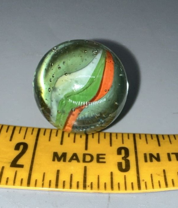 Vintage Large Shooter Marble 7/8″Clear Orange Tri Color Ribbon Glass W Bubbles