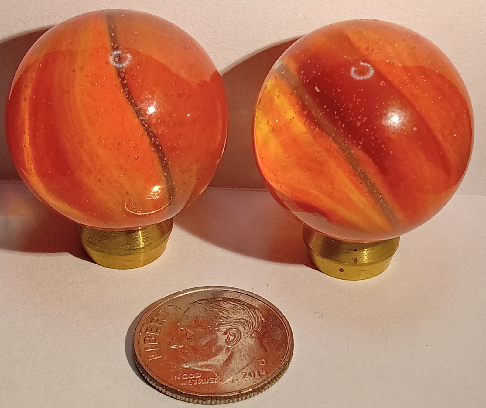 2 Old HEATON Bogard Cats Eye Marbles Orange & Yellow Hybrid 1″ SHOOTERS NM+