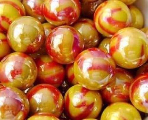 Pk 500 Sun 12mm (1/2 inch) PeeWee Glass Marbles Iridescent Yellow w Red Swirls