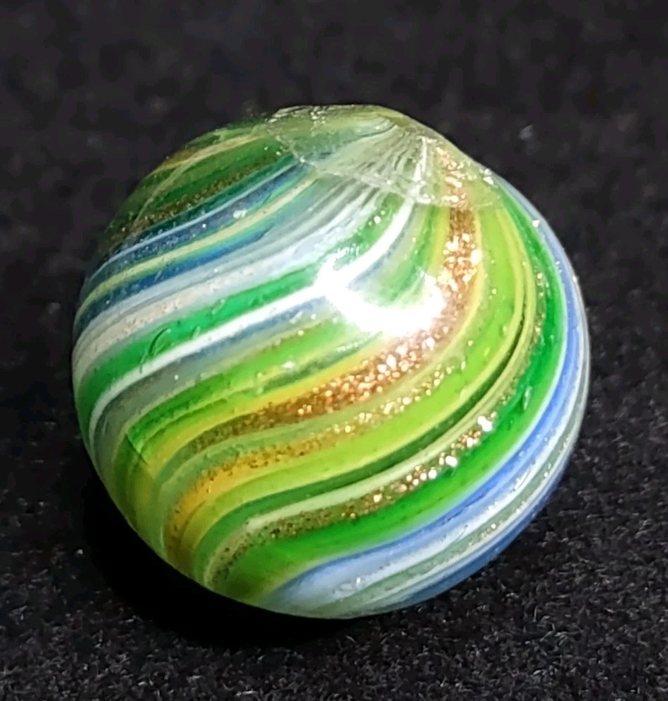 HTF ✨ .65″ GOLD LUTZ Onionskin Swirl Handmade Antique Glass Toy German Marble