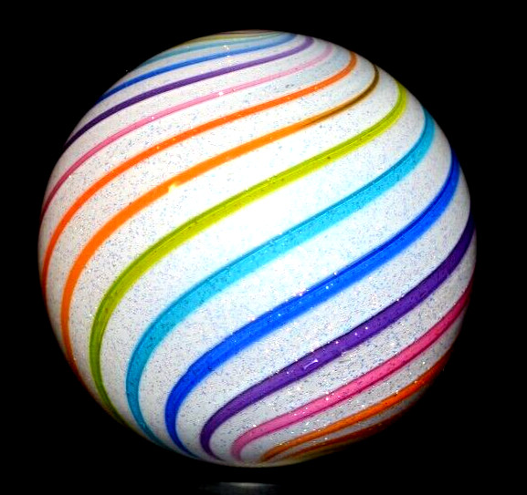 HOT HOUSE GLASS MARBLE/1.618″-ICE WHITE DICHROIC RAINBOW-ROYAL,TURQ,TANGERINE+