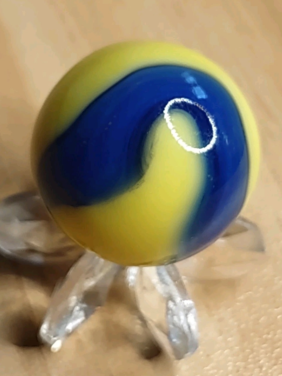 .72″ Yellow & Dark Blue – Akro Corkscrew Swirl Vintage Glass Marble Old Toys