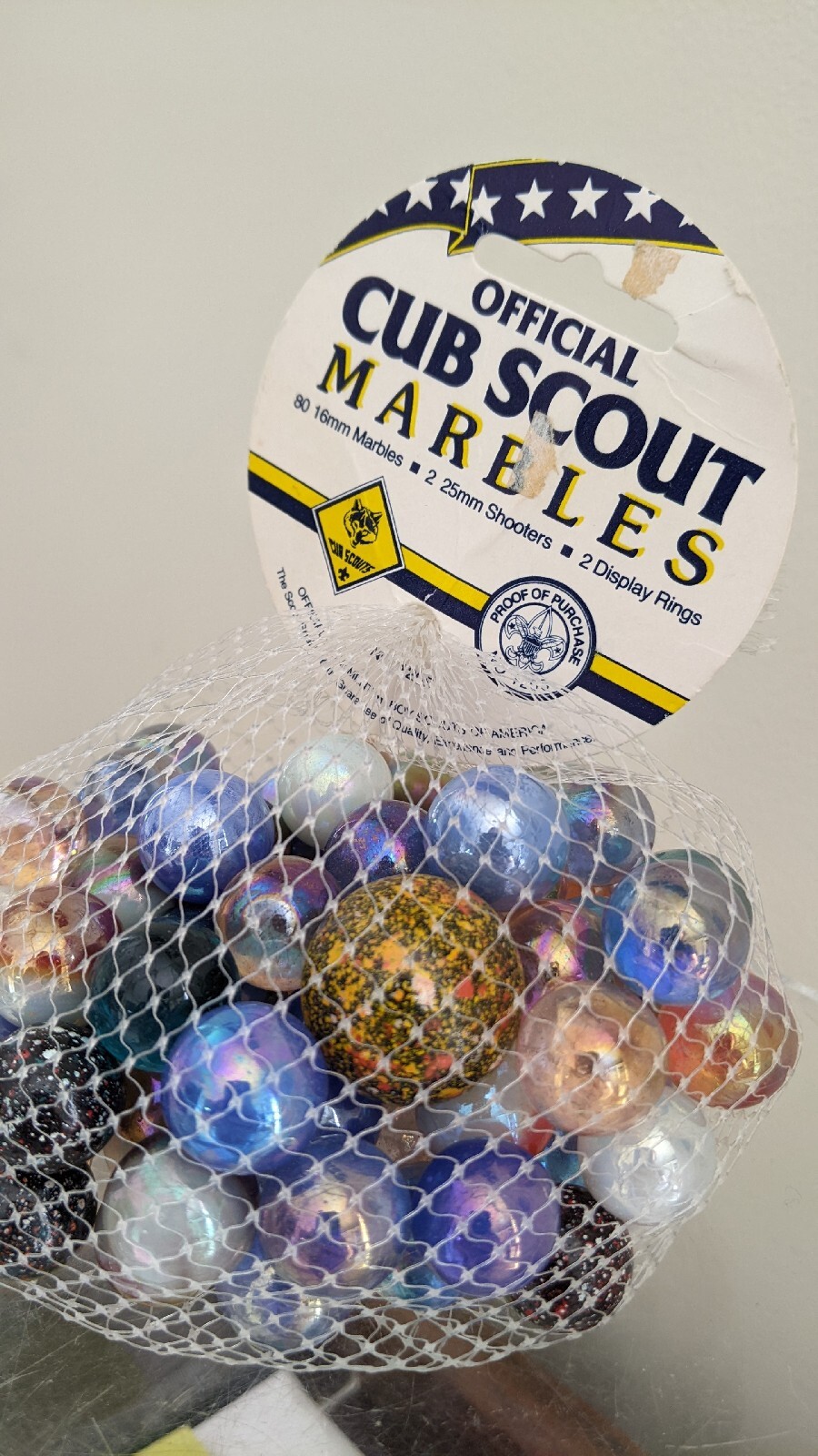 Net Bag of Vtg Boy Scouts America Cub Scout MARBLES — 80 16mm + 2 25mm Shooters