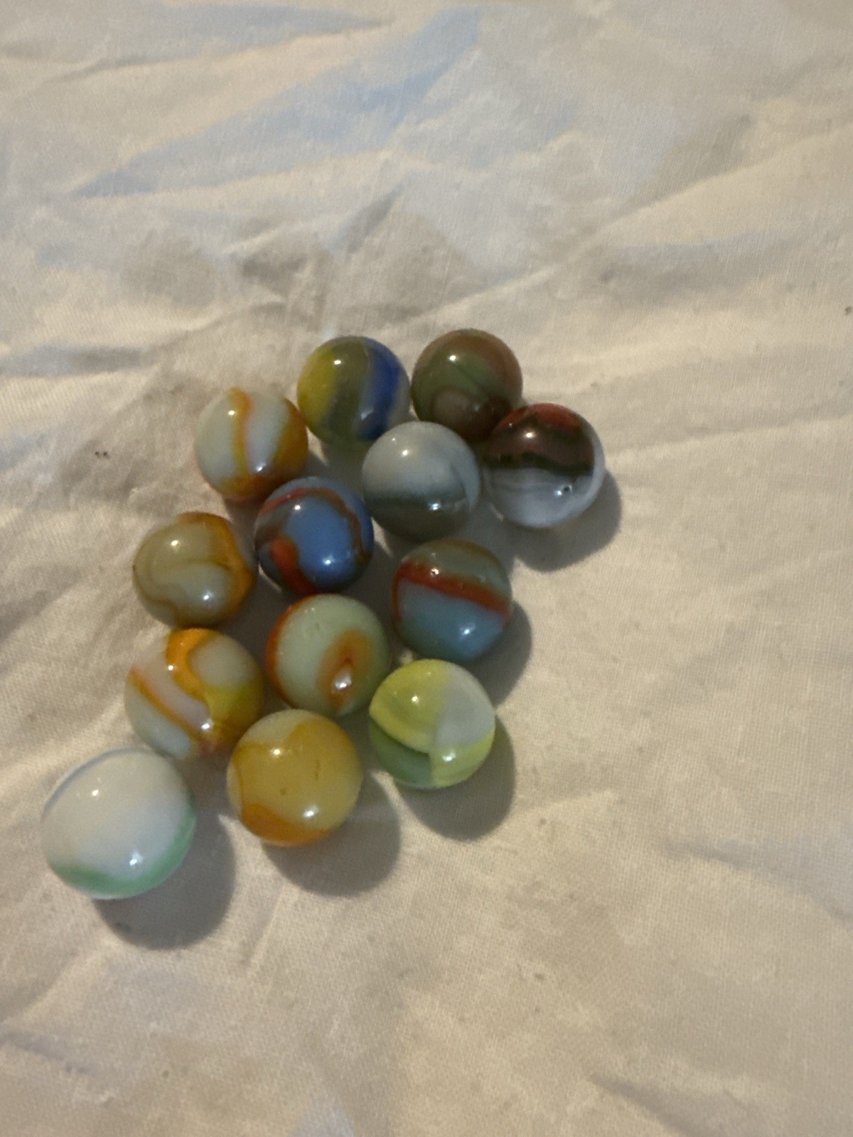 13 Vintage Multicolor Swirl Marbles | Blue Green Yellow Orange | Pre-1970