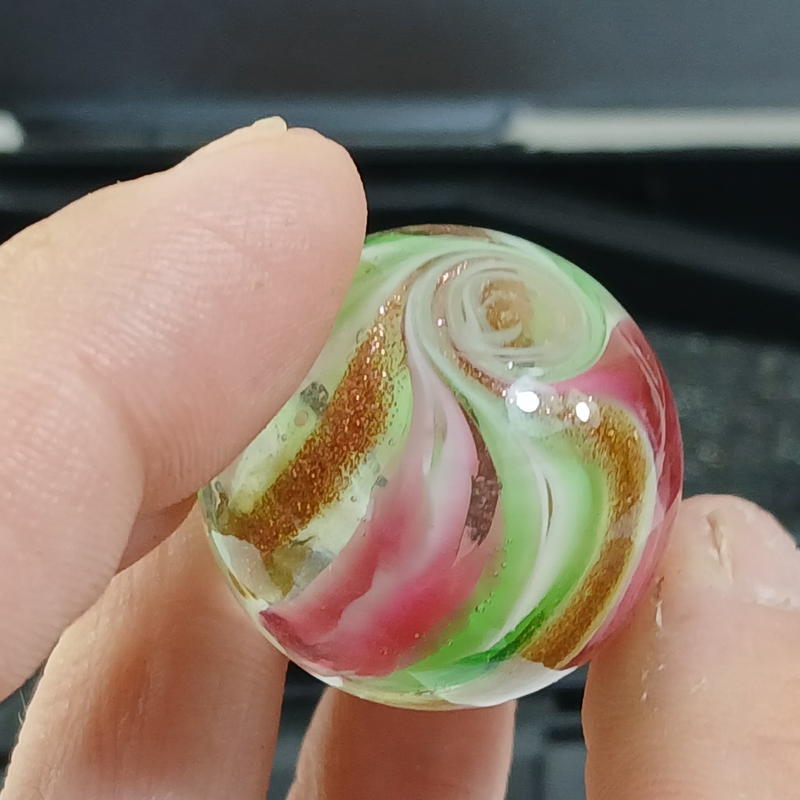 Green Pink White Gold banded swirl 1″ Shooter Hot House? Glass Marble Lampwork