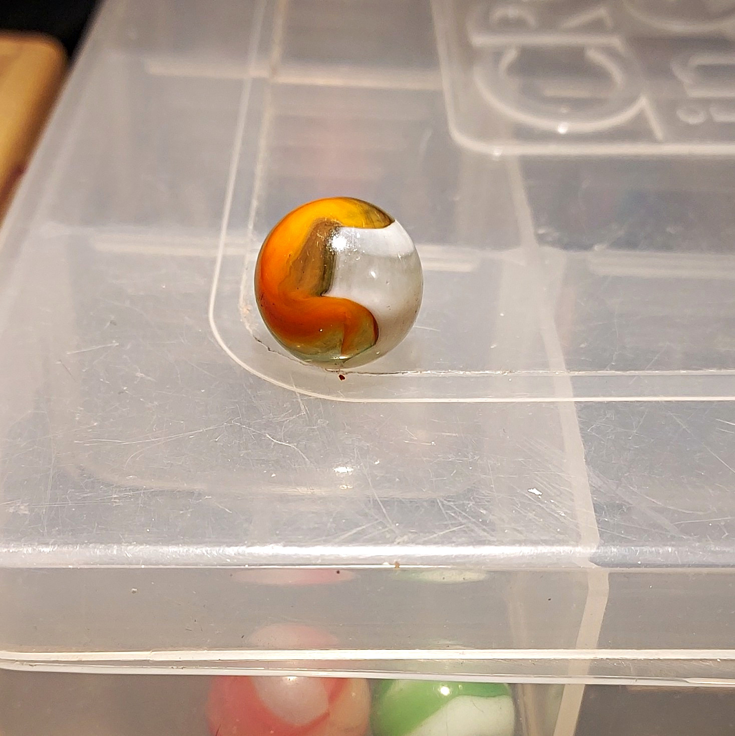 Glass Toy Marble – Orange Green & White Ribbon Swirl, Single