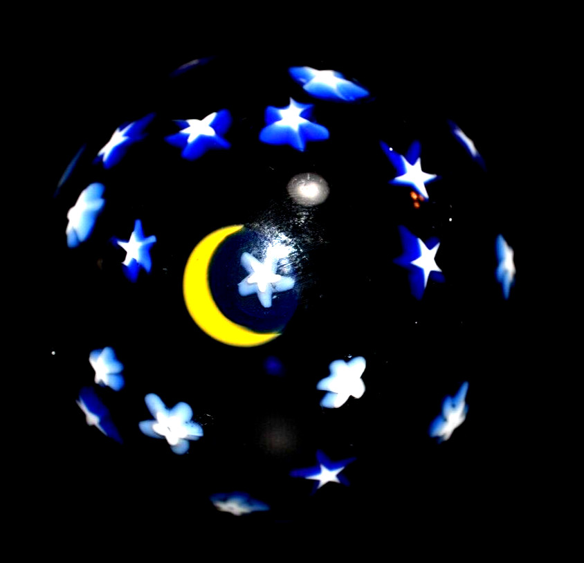 DAVID P. SALAZAR GLASS MARBLE/2.009″-MOON & STARS-TRANS.ROYAL,SUNFLOWER CRESCENT