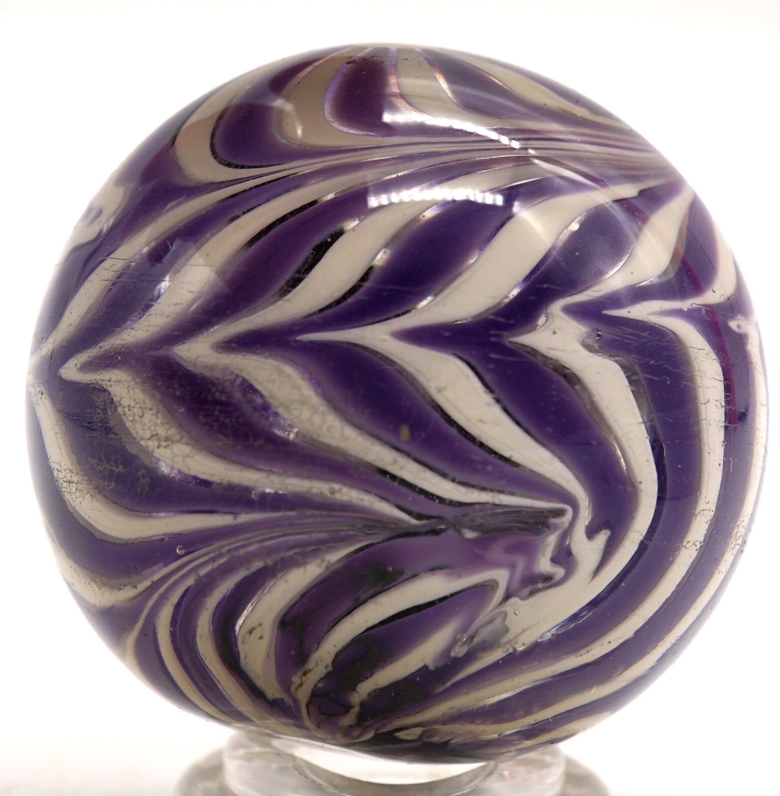 Art Glass Marble Reverse Twisted Spiral Swirl Purple & White One Black Swirl