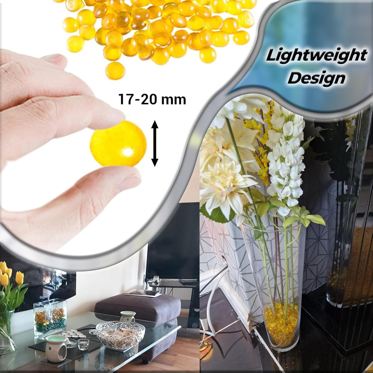 Flat Glass Marbles Yellow – 1 Lb (100 Pcs, 17–20 Mm) Decorative Glass Pebbles, S