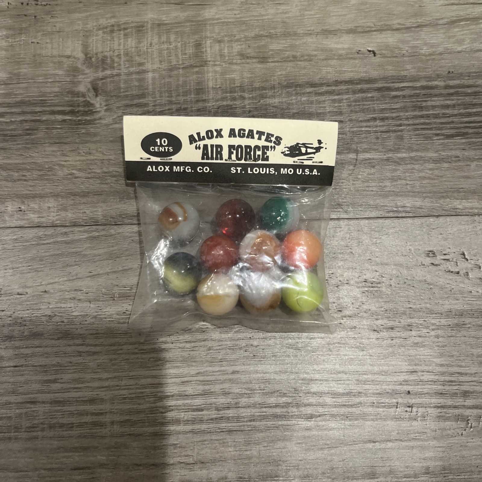 Vintage Alox Agates “Air Force” Glass Marbles, Unopened Bag Brand new 10 count.