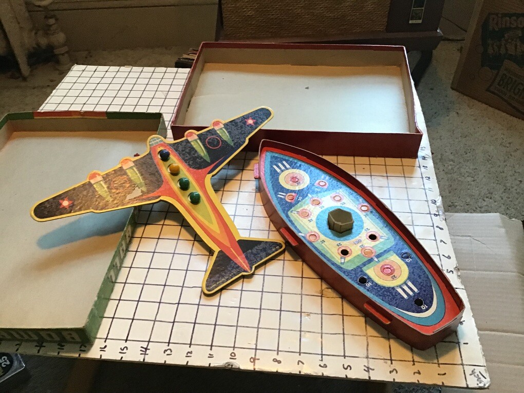 Vintage WWII era cardboard toy: BOMBER BALL drop marble bombs on boat WOW – rare