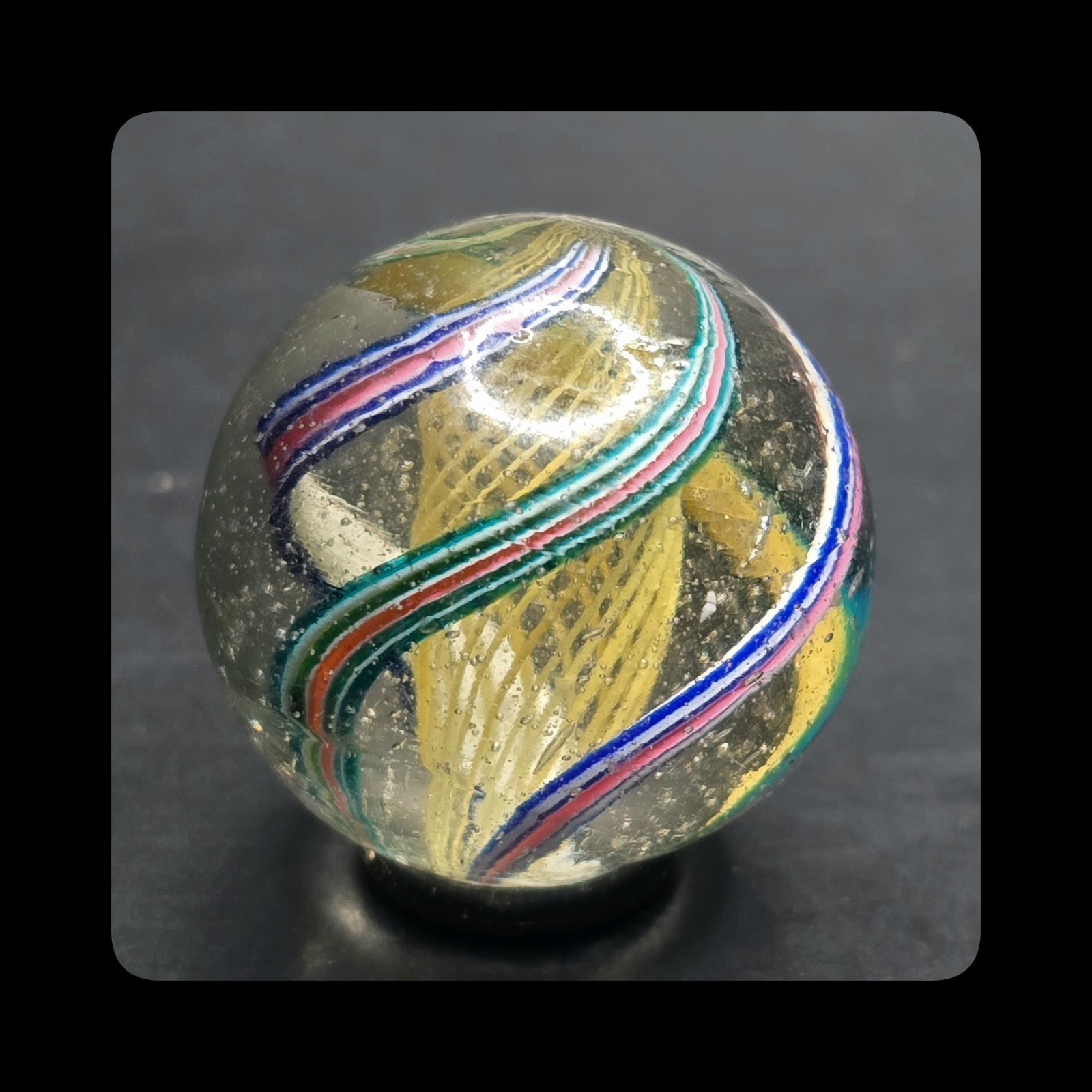 ~Mic’sMibs~ 1.12″ Precision Banded Golden Yellow Latticino Core Swirl Mint 9.6