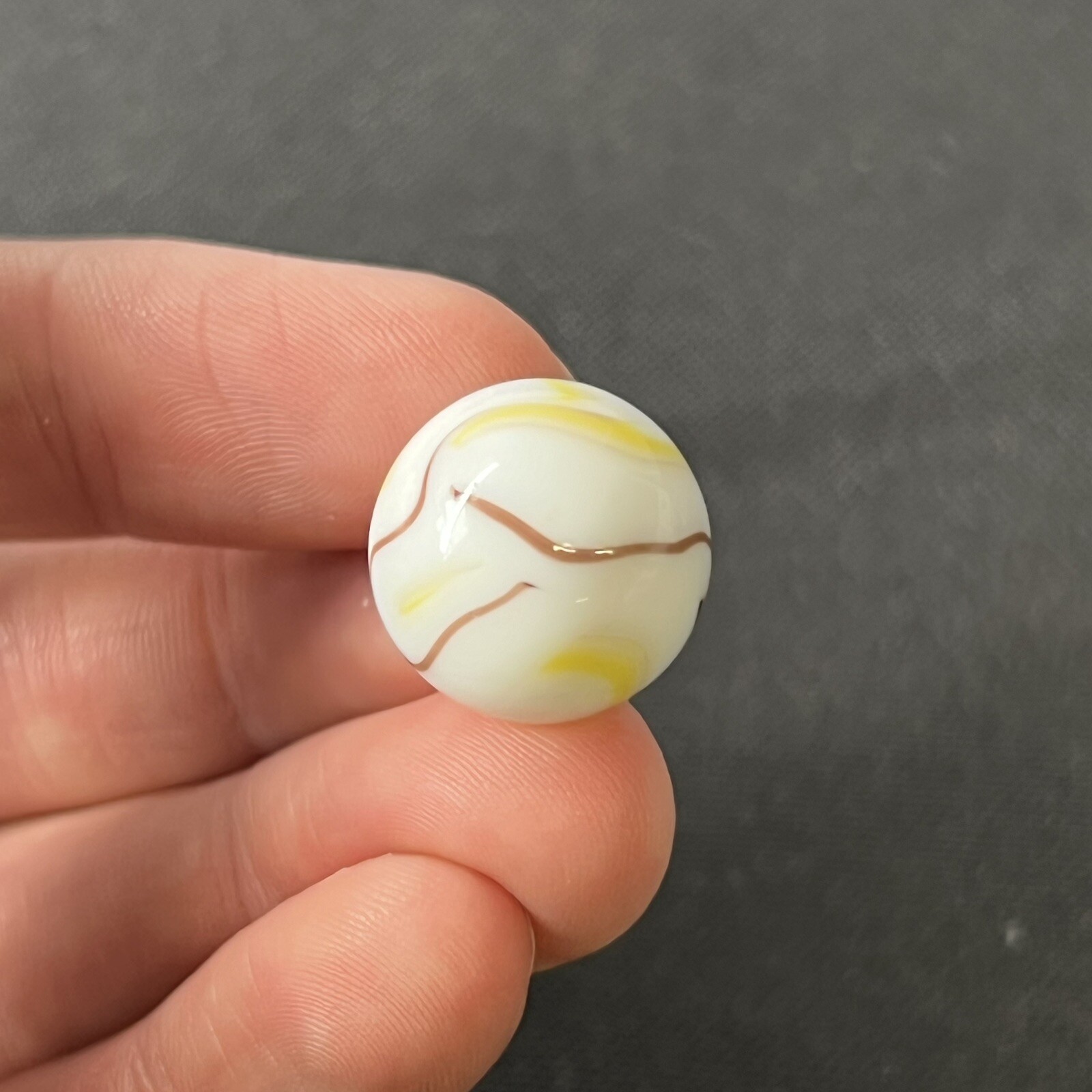 Vintage Glass Art Swirl Marble .6” Akro Agate Jabo Peltier White Brown Yellow