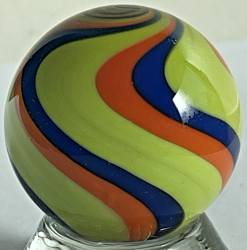 2015 RICK DAVIS MARBLE SIGNED HANDMADE GLASS ART 1.53 BLUE ORANGE YELLOW