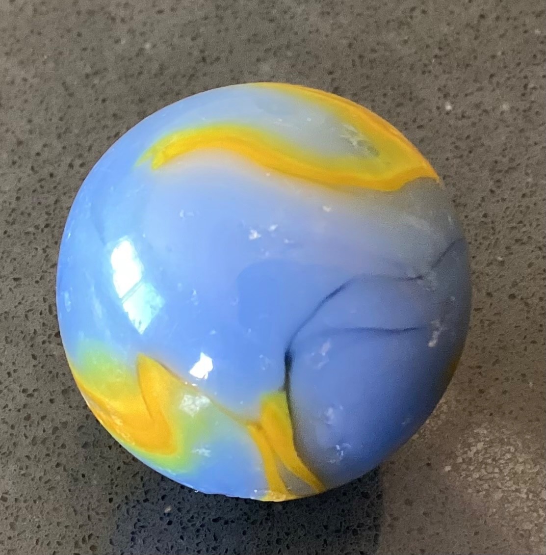 Marble Alley Agate Shooter Boulder Blue Yellow Flames Played Good+ to NM- 0.99”