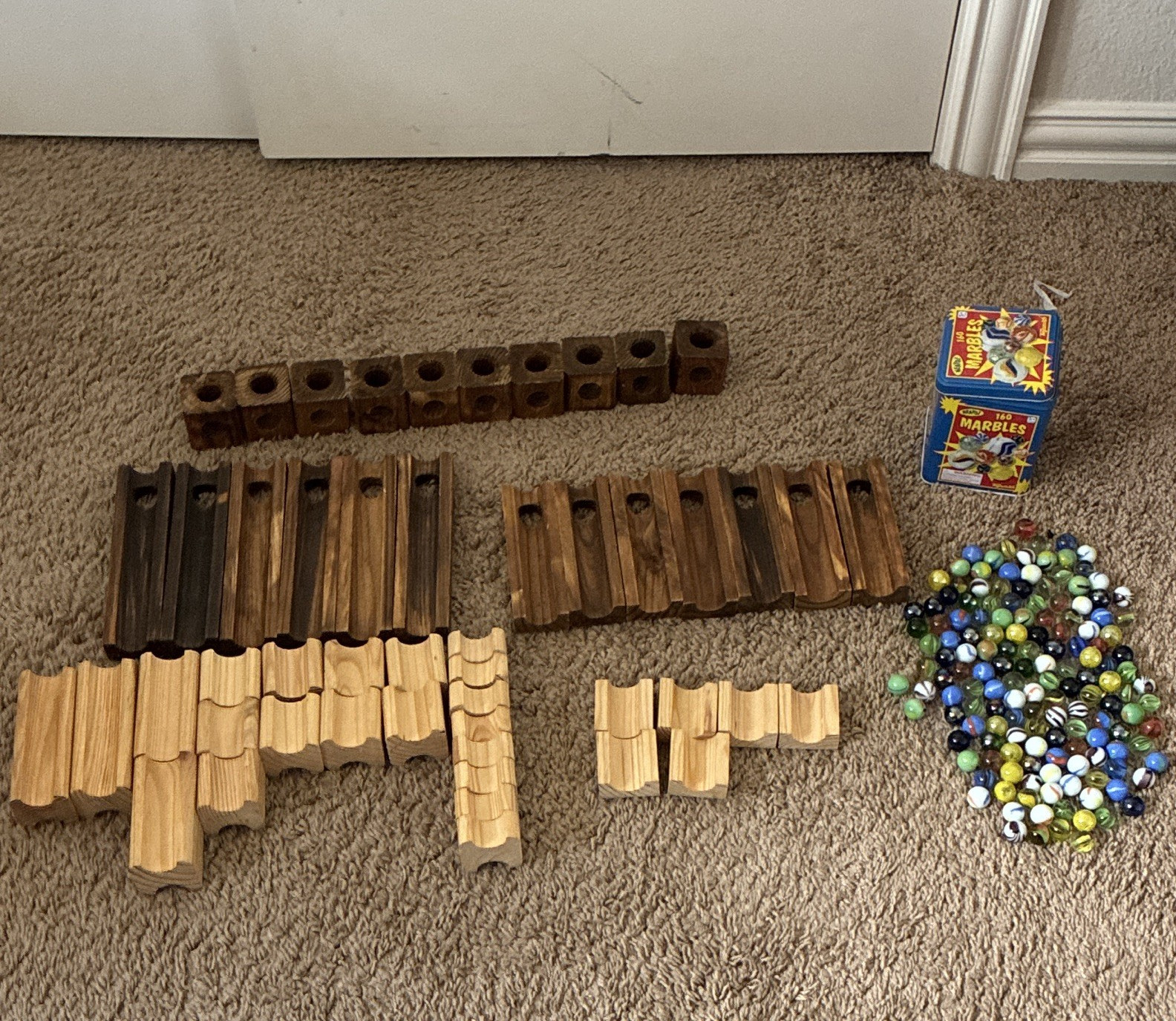 Toysmith Wooden Marble Run Track Set w/ Assorted Glass Cat’s Eye Marbles