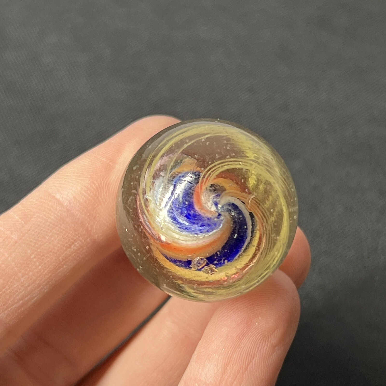 Vintage German Handmade Solid Core Swirl Marble 1.1” Blue Orange Swirl