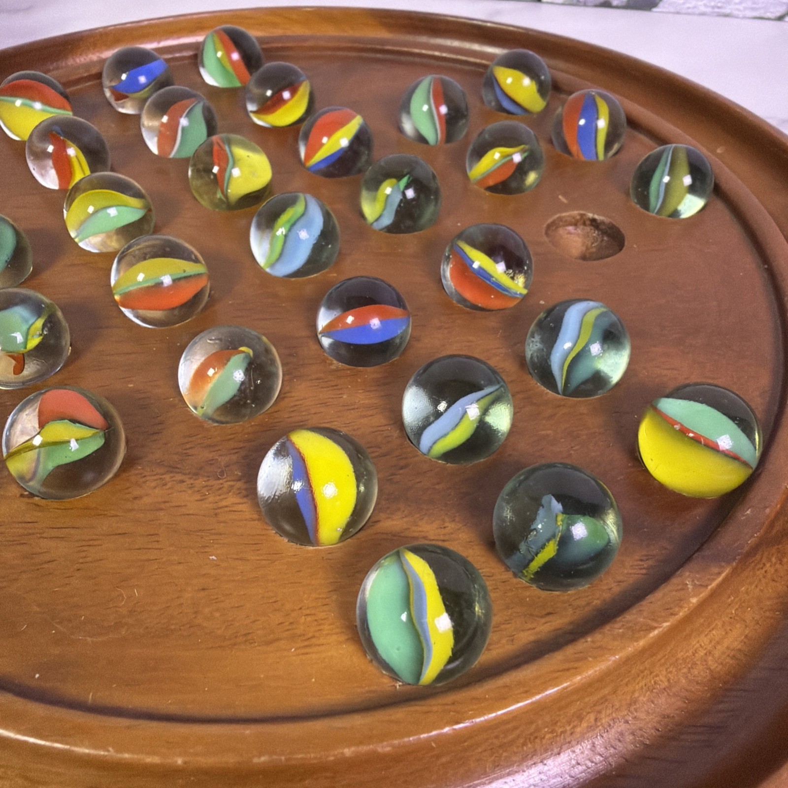 VTG Multi-Color Marbles Akro/Agate/Vitro? 32 Marbles & Wooden Solitaire Board