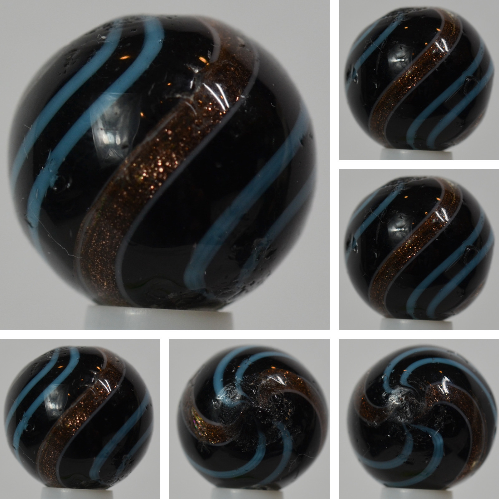 Handmade Blue Banded Lutz Marble, Black Base Glass, 11/16 in, Polished, S1315