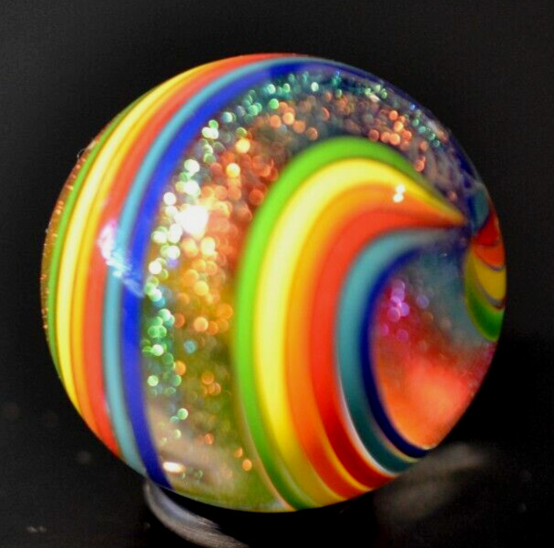 JAMES ALLOWAY GLASS MARBLE/1.236″-DICHROIC DOUBLE SWIRL #3560-LIME,YELLOW,ORANGE