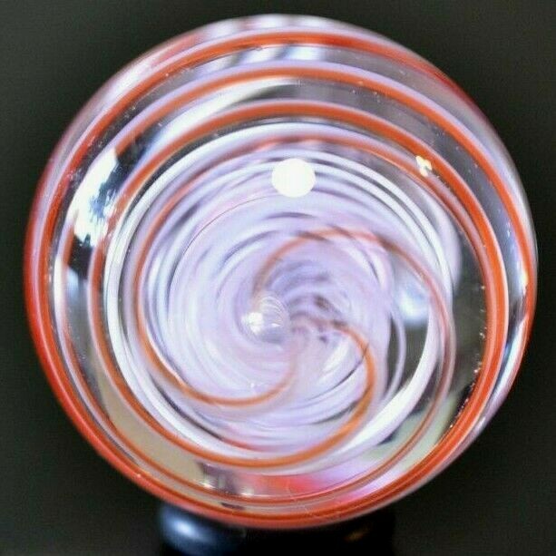 JODY FINE GLASS MARBLE/1.329″-WHITE & TRANS.PINK LATTICINIO TORNADO PEPPERMINT-