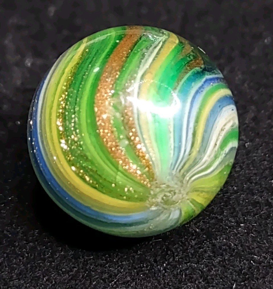 HTF ✨ .65″ GOLD LUTZ Onionskin Swirl Handmade Antique Glass Toy German Marble