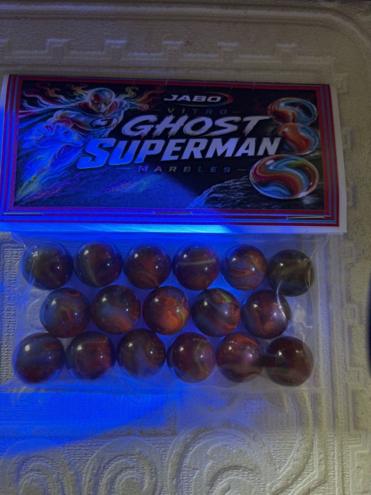 VHTF Jabo “Ghost Superman Classics ” GLOWERS Black light Marbles UV SIGNED