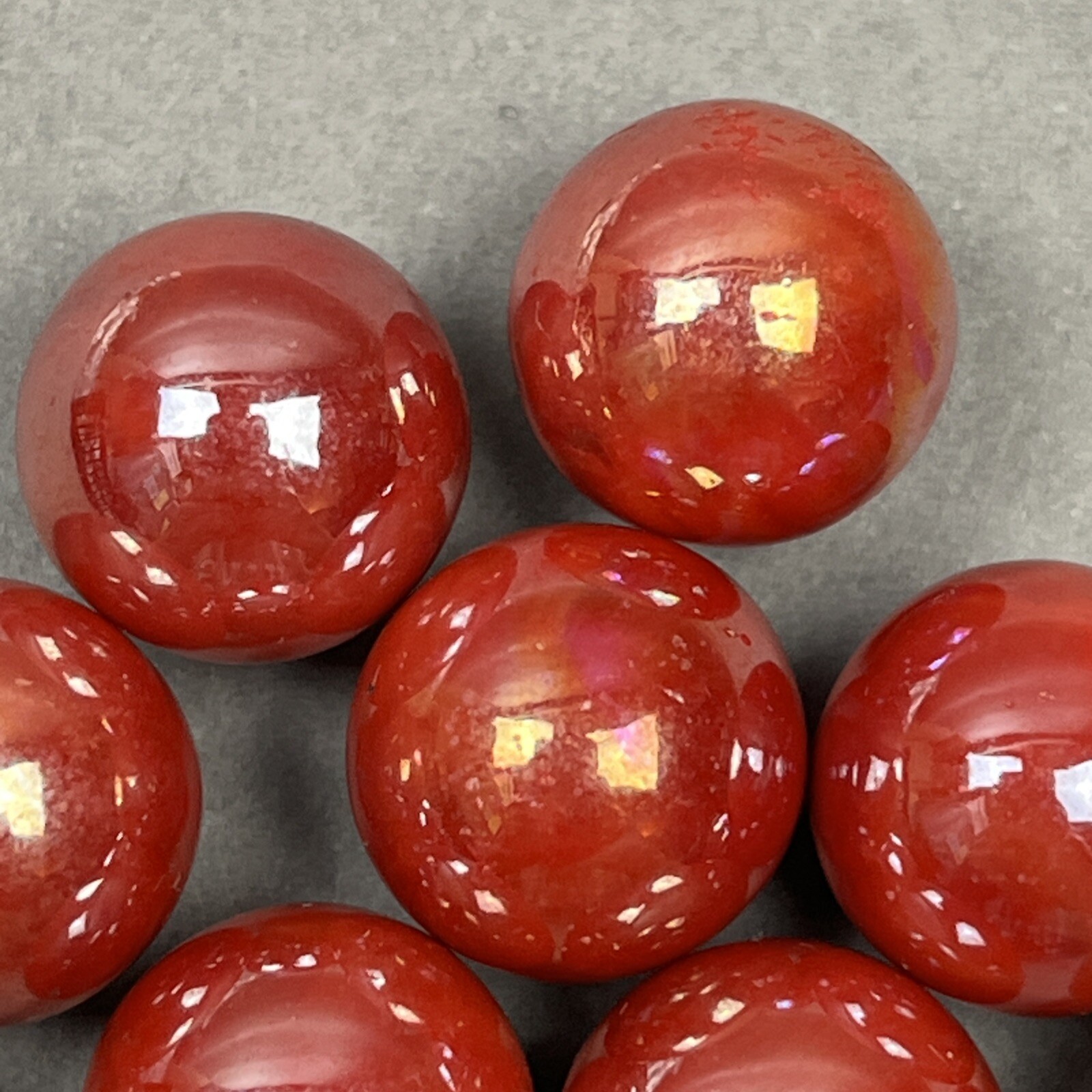 Vintage Lot – (9) Glass Marbles Opaque Orange / Red Fire Iridescent Swirl – 1/2”