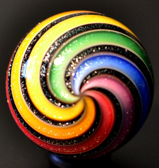 HOT HOUSE GLASS MARBLE/1.480″-RAINBOW & BLACK DICHROIC-YELLOW,LIME,BLUE,RED+