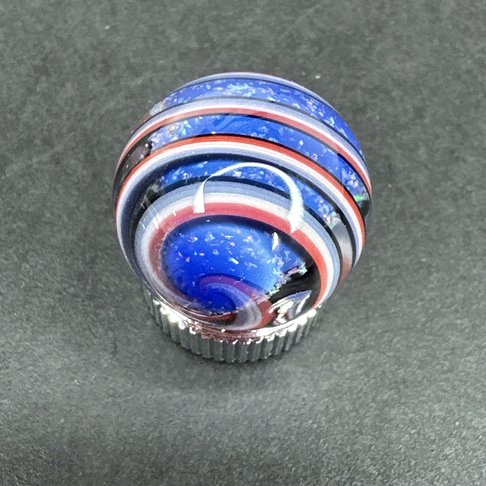 Contemporary Handmade Art Glass Marble .73″ Blue Sparkle Core, Swirls, UV Green