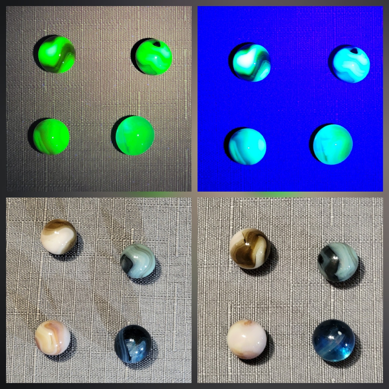 12 Vtg UV Reactive Marbles|Uranium|Cadmium|Cherry Red|Classic Mixed Lot + Stand