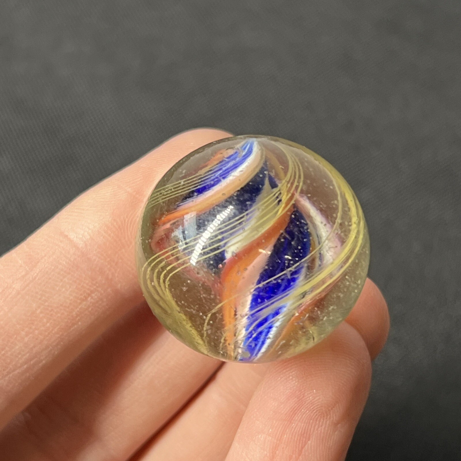 Vintage German Handmade Solid Core Swirl Marble 1.1” Blue Orange Swirl