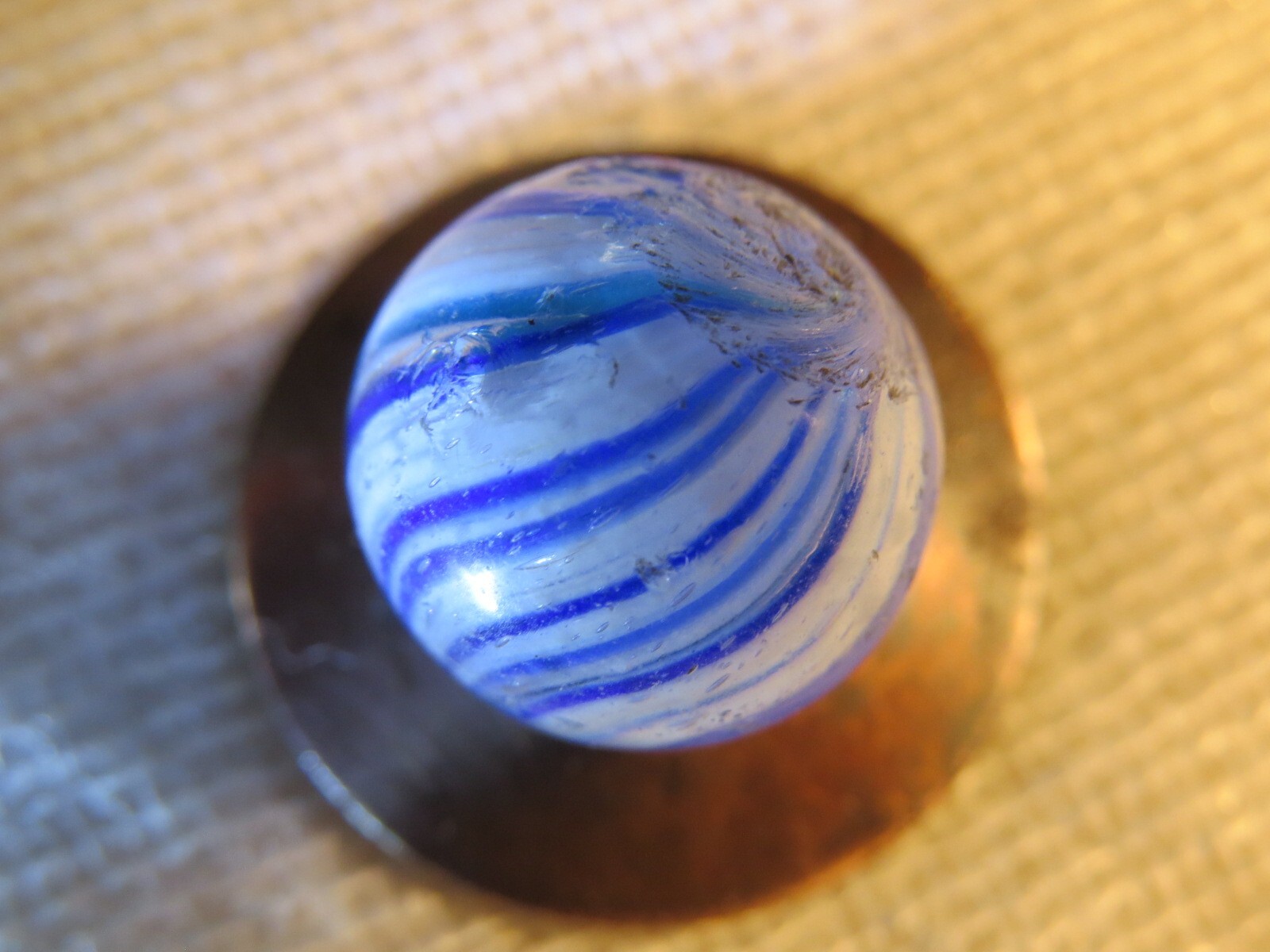 Vtg. German Handmade Onionskin Marble Blue, Teal Strands on Opaque White