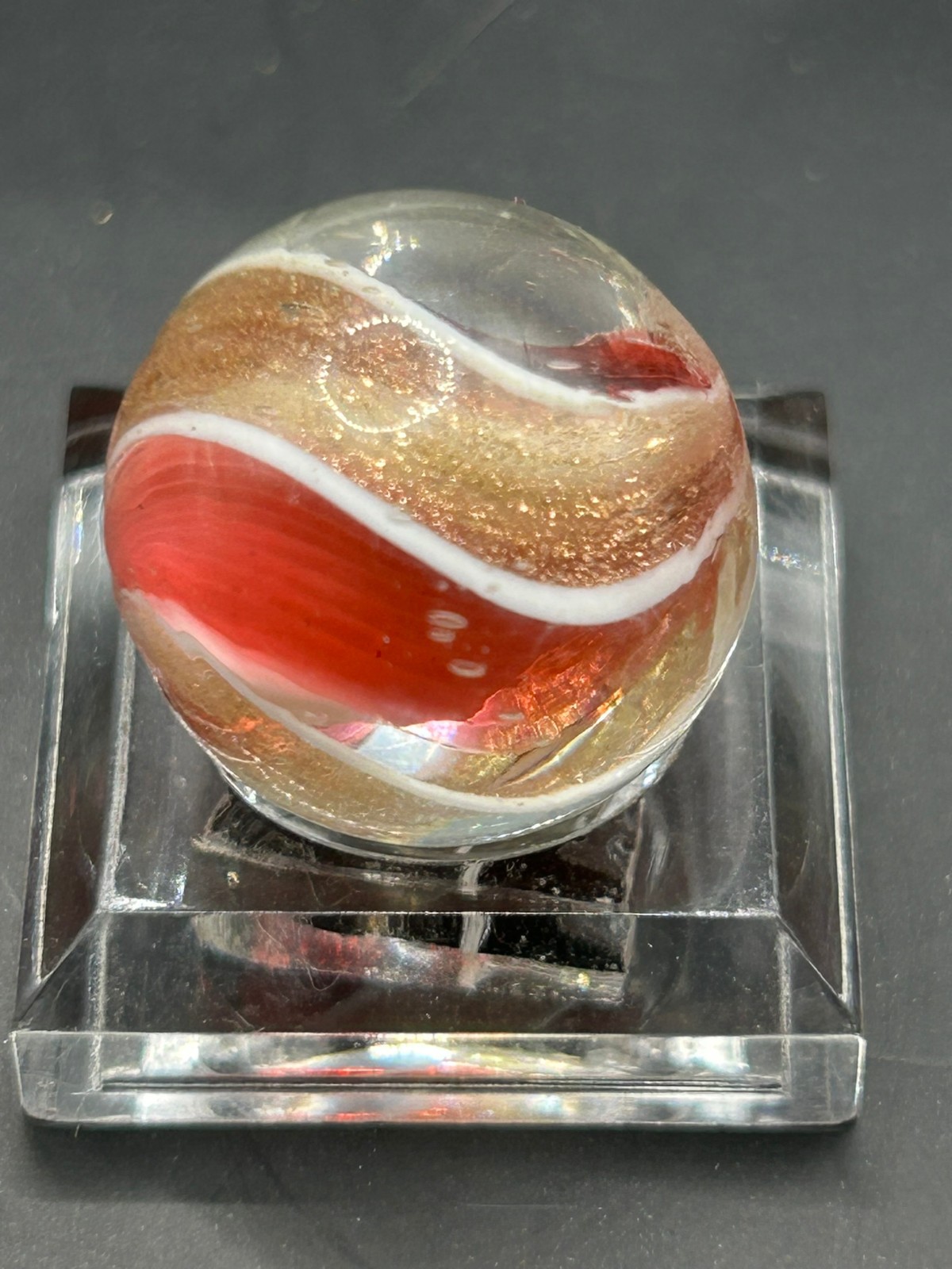 Antique German Cranberry Ribbon Core Lutz Marble 11/16″ Mint+ E2.3