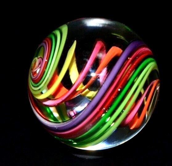 EDDIE SEESE GLASS MARBLE/1.526″-SPRINGTIME CYCLONE-YELLOW,,MAGENTA DICHROIC,ORG+