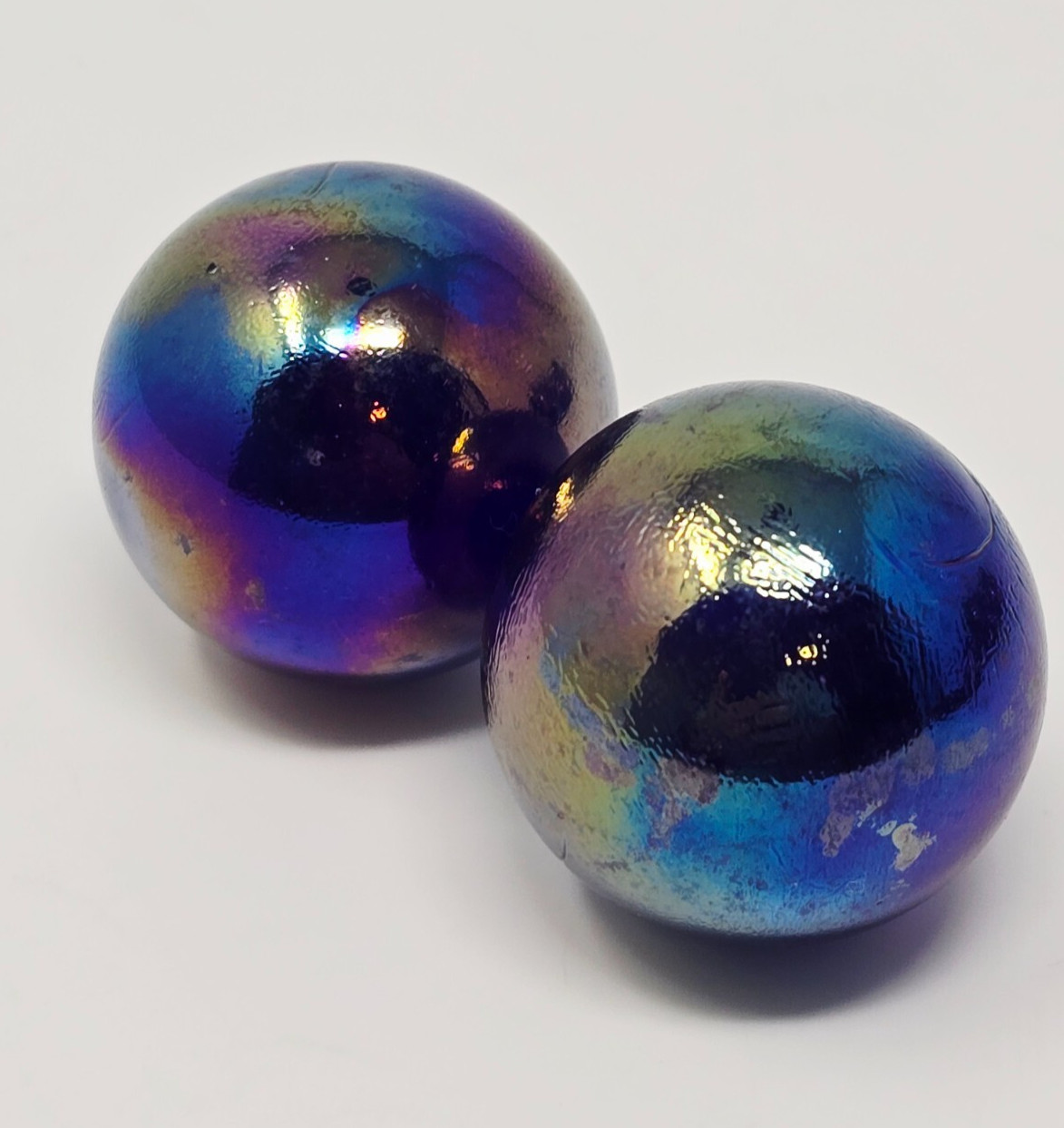 Pair of Vintage Iridescent Purple Blue Carnival Glass Shooter Marble 1.25″ Aprx