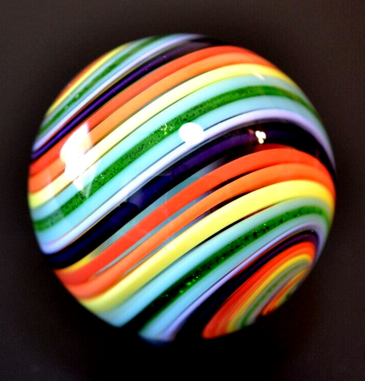 EDDIE SEESE GLASS MARBLE/1.785″-MULTI-COLORED DT w/GREEN AVENTURINE-BUTTERNUT,BL